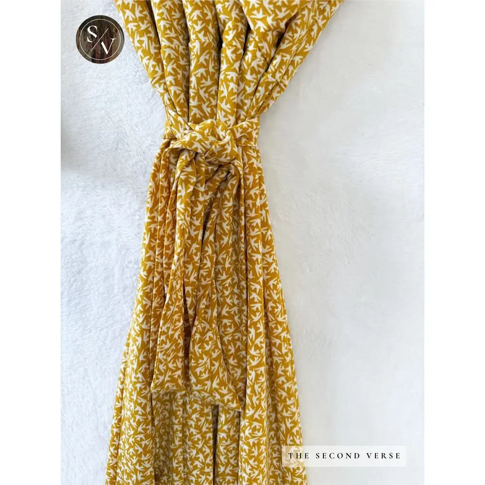 Leota Surplice Printed Yellow White Short Dress With Waist Tie Size XL - Picture 6 of 9